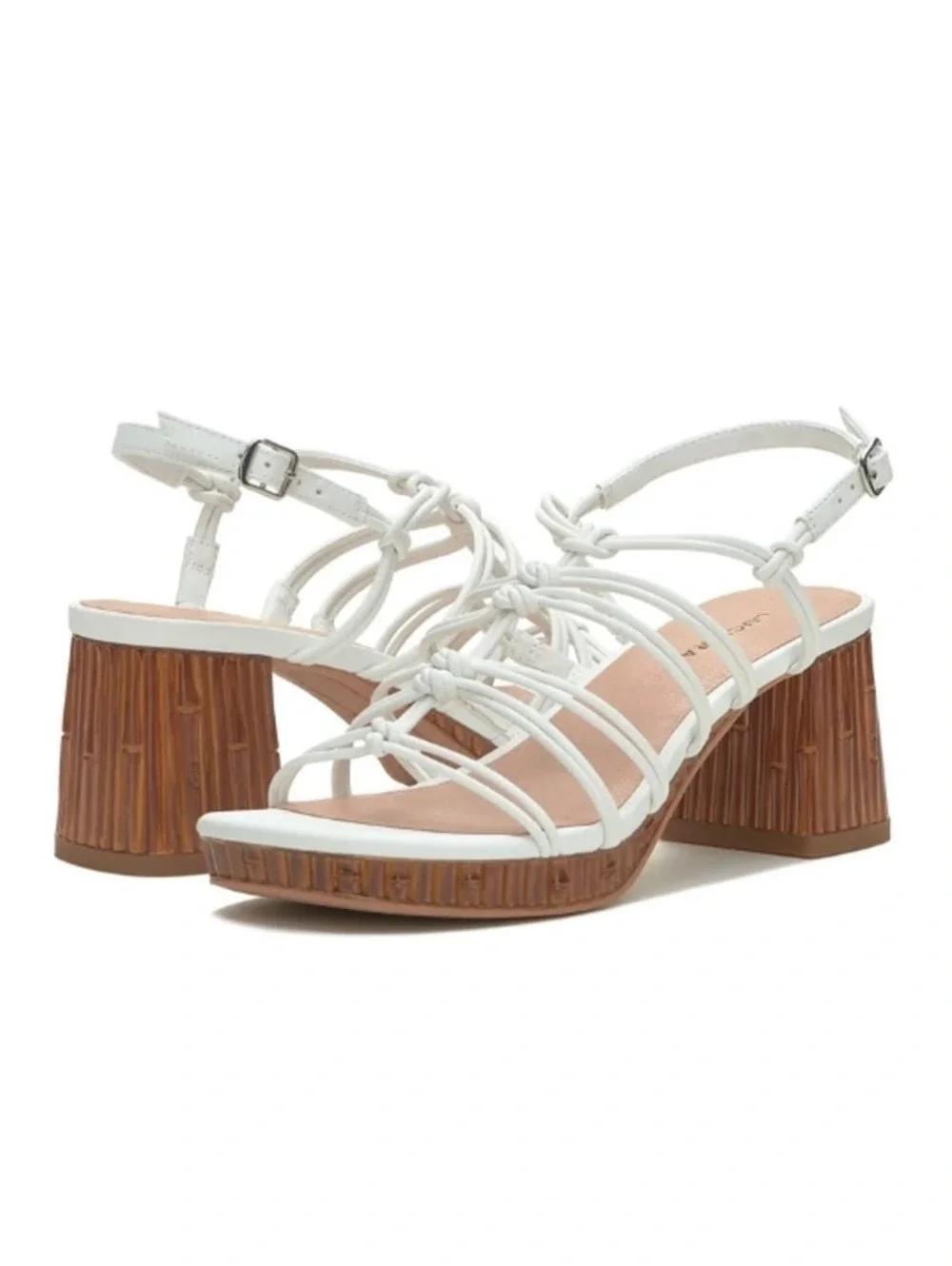 Lucky Brand Bassie White Strappy Knotted Bamboo Block Heel Sandal Women Size 10M